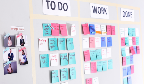 Woman organizing tasks on a board with post-it notes labeled work, to do, and done, representing mental load and feeling overwhelmed