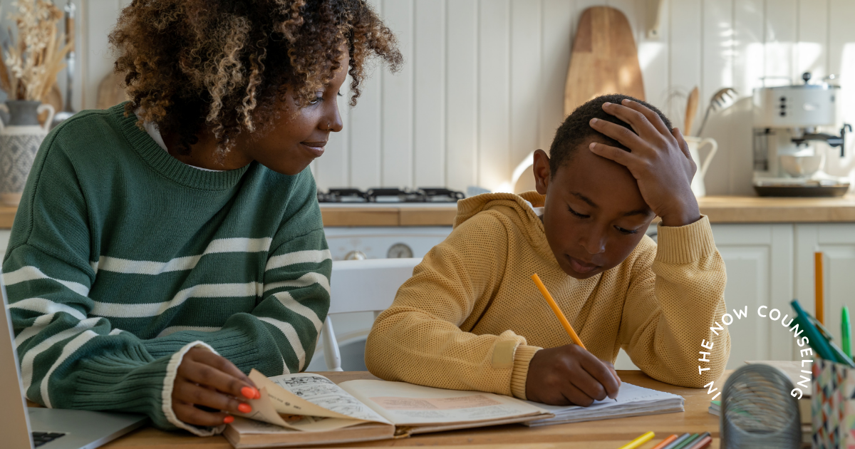 mom helping a child acting out all of a sudden and is frustrated with homework.